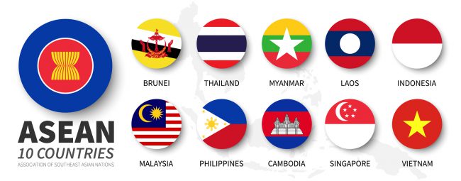 ASEAN . Association of Southeast Asian Nations . and membership flags . Flat simple circle design . Vector .